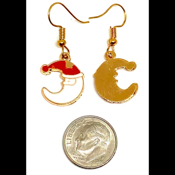 Christmas Santa Claus Crescent Moon Red White Enamel Gold Tone Dangle Earrings - Picture 5 of 5